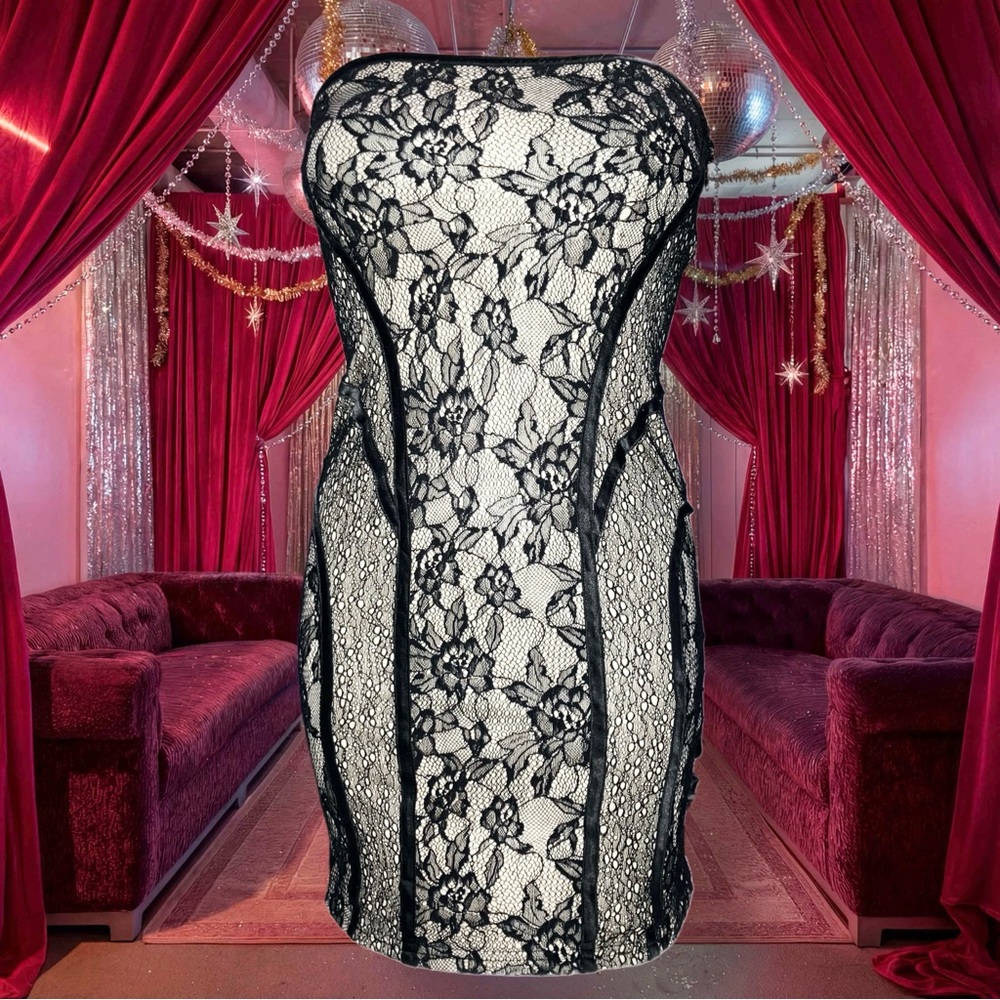 Forever 21 Sexy Beige Nude Black Lace Strapless Bodycon Cocktail Mini Dress S